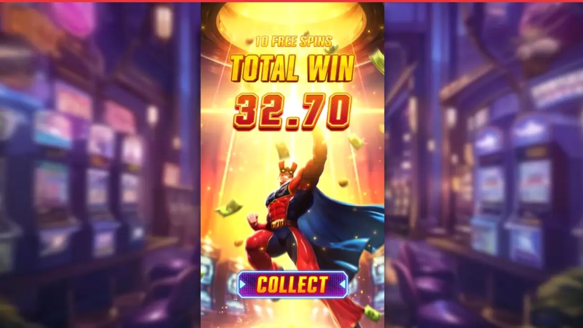 Cena de jogo do slot Super Wildrix com luzes neon e temática de super-herói