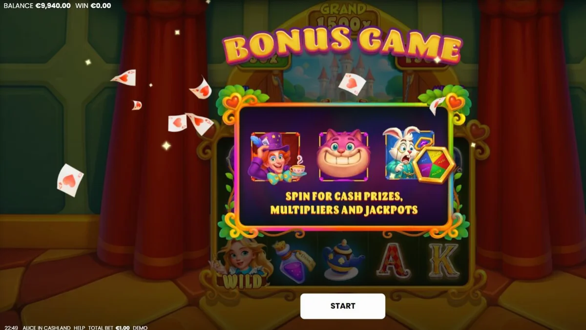 Visual vibrante e temático do slot Alice in Cashland com elementos do País das Maravilhas
